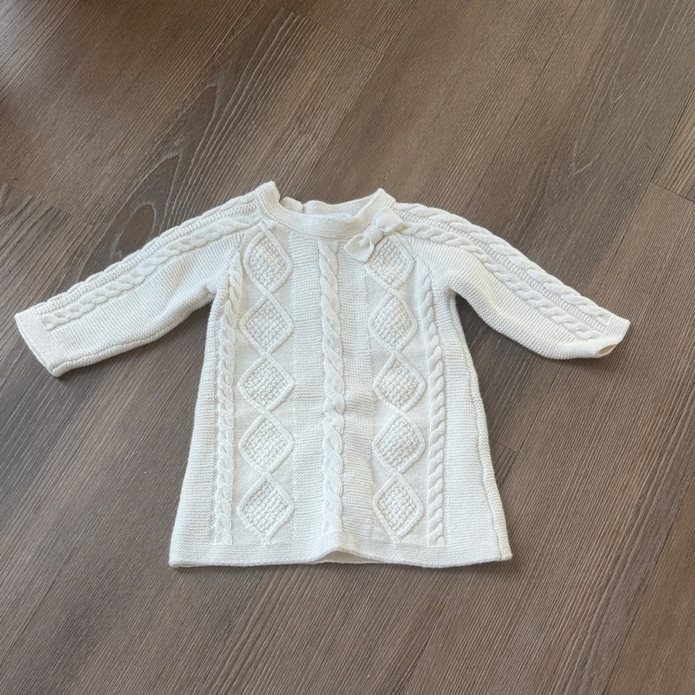 Jacadi cream cable knit bow embellished baby girl cotton wool blend dress 6m
